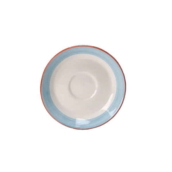 A round white ceramic plate with a light blue painted border and a thin red rim, shown from a top-down view on a solid black background.