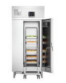 Commercial refrigerator with open door displaying food items on TROLLIES.