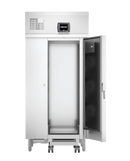 Stainless steel refrigerator with open door on a white background