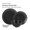 18-piece dinner set with plates and bowls labeled 'Seasons Graphite' by Porcelite on a white background.