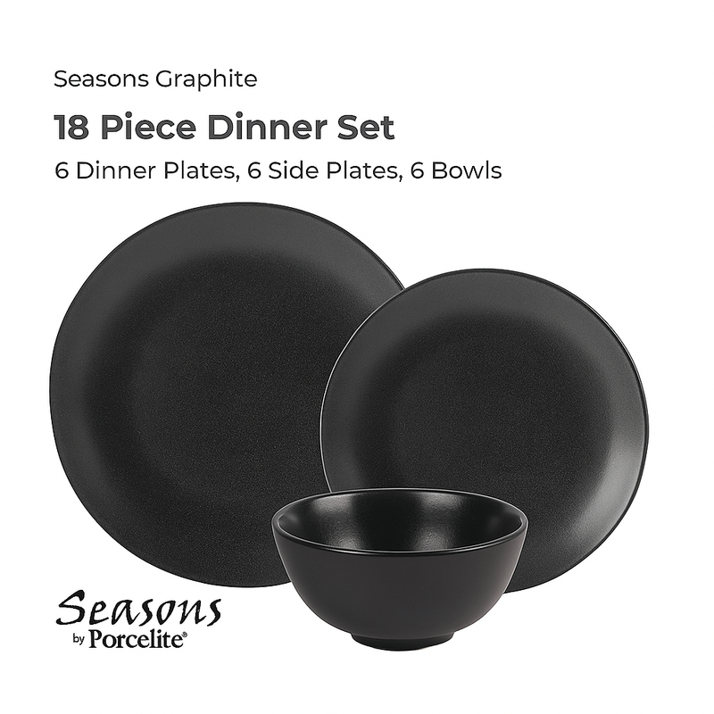 18-piece dinner set with plates and bowls labeled 'Seasons Graphite' by Porcelite on a white background.