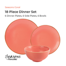 18-piece coral dinner set with plates and bowls on a white background, featuring the Seasons by Porcelite brand.