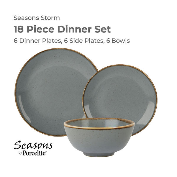 18-piece dinner set with plates and bowls on a white background, featuring the Seasons by Porcelite brand.