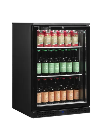 Black beverage cooler with glass door displaying various drinks on a white background