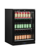 Black beverage cooler with glass door displaying various drinks on a white background