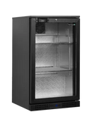 A black undercounter beverage refrigerator with a glass door, interior shelves, and a small top-mounted control panel, shown against a plain white background.