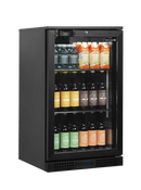 A black undercounter beverage refrigerator with a glass door, stocked with various bottled and canned drinks, shown against a plain white background.