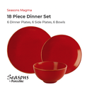 Red dinner set with plates and bowls on a white background, featuring 'Seasons Magma' branding.