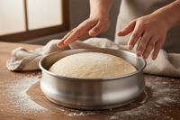 Artisan bakery close-up of sourdough in dough pan