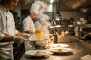 Chef draining pasta during busy service