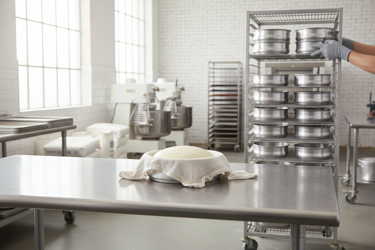 Commercial bakery dough pan with risen bread