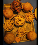 Gourmet burger and fries spread