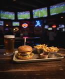 Individual burger tray at sports bar