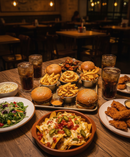 Restaurant table with burgers and additional dishes showing the tray being used as a center table to serve food