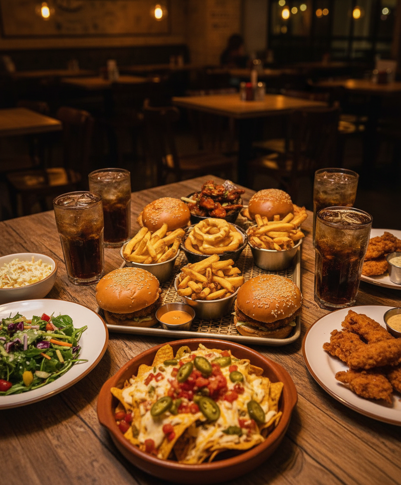 Restaurant table with burgers and additional dishes showing the tray being used as a center table to serve food