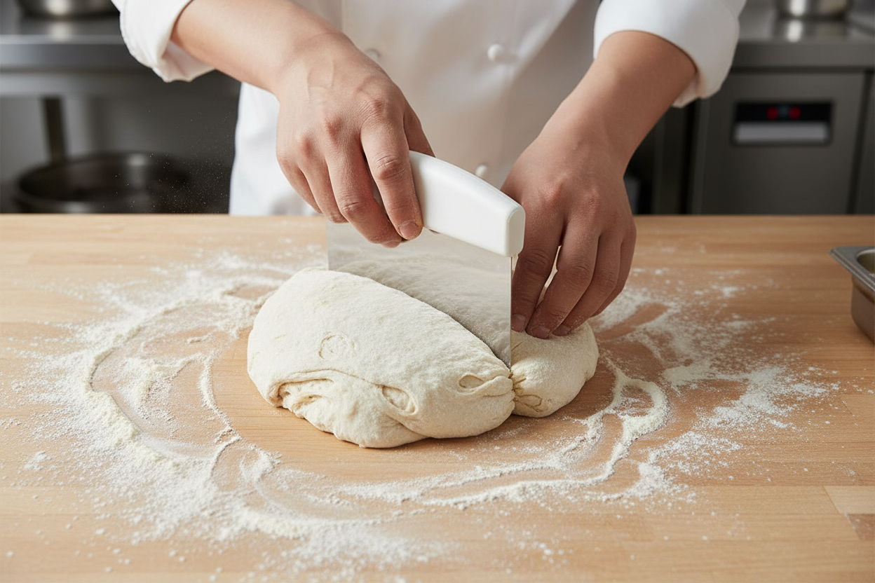 Top-down view of dough scraper in use