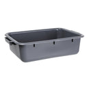 A gray plastic storage box with handles on the sides.