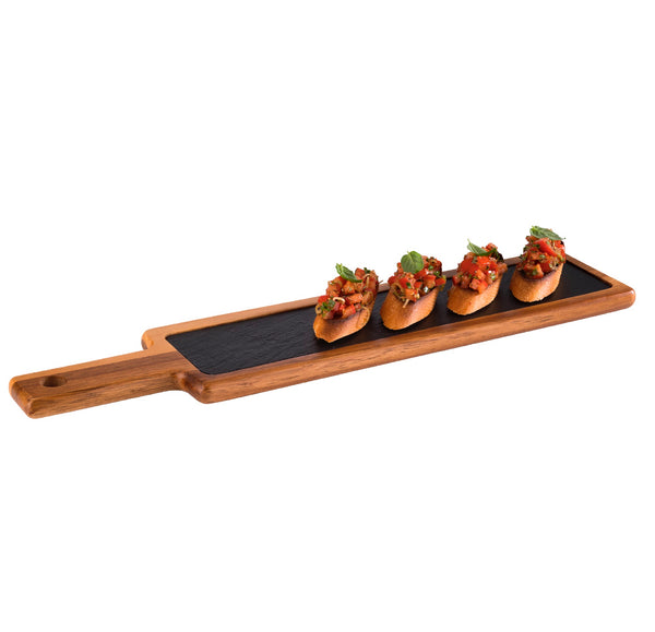 Oiled Acacia Wood Serving Board with Slate Tray inset 43 x 12cm / 17â x 4 ¾â - Pack of 1