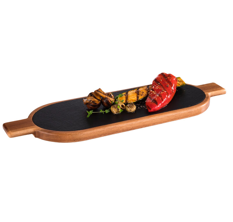Oiled Acacia Wood Serving Board with Slate Tray inset 40 x 15cm / 16â x 6â - Pack of 1