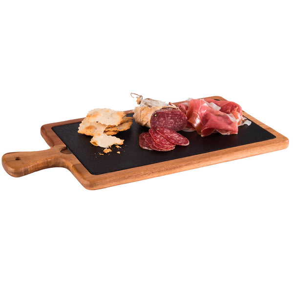 Oiled Acacia Wood Serving Board with Slate Tray inset 33 x 20cm / 13â x 8â - Pack of 1