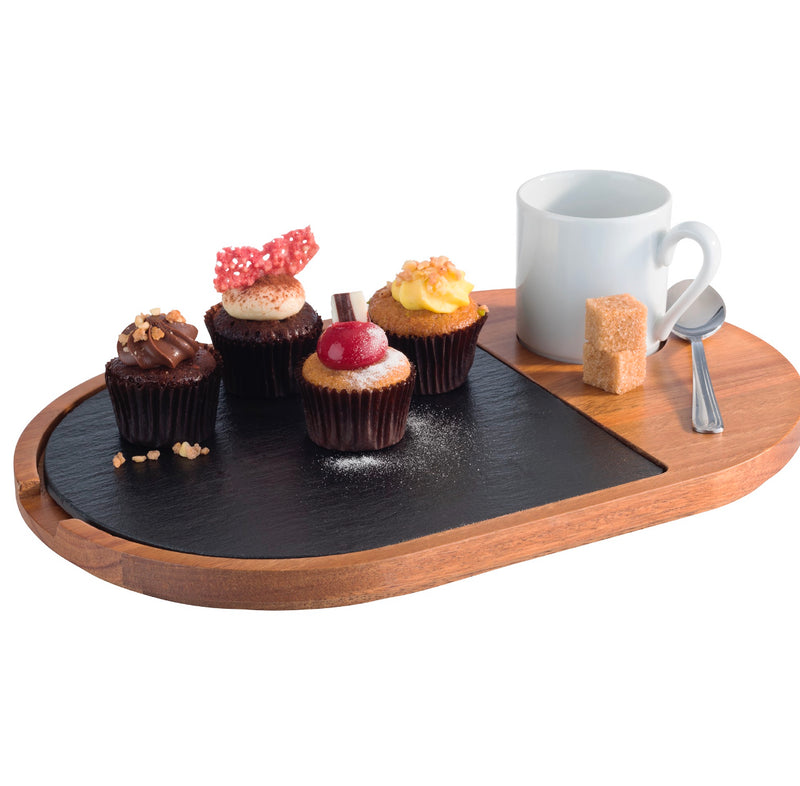 Oiled Acacia Wood Serving Board with Slate Tray inset 28 x 17.5cm / 11" x 7"