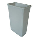 A gray plastic trash can without a lid, featuring comfortable handles for lifting and transporting.