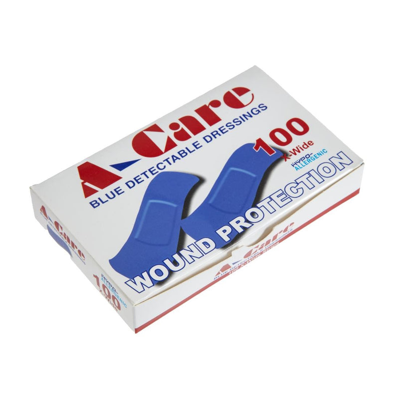 A-care detektierbare blaue Pflaster, extra breiter Streifen 75 x 25 mm – (Box mit 100 Stück)