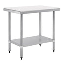 A stainless steel chopping board table with an integrated undershelf, featuring a smooth white tabletop and four stainless steel legs with wheels for mobility.