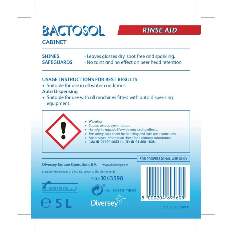 Bactosol Cabinet Glasswasher Rinse Aid Concentrate 5Ltr (2 Pack)
