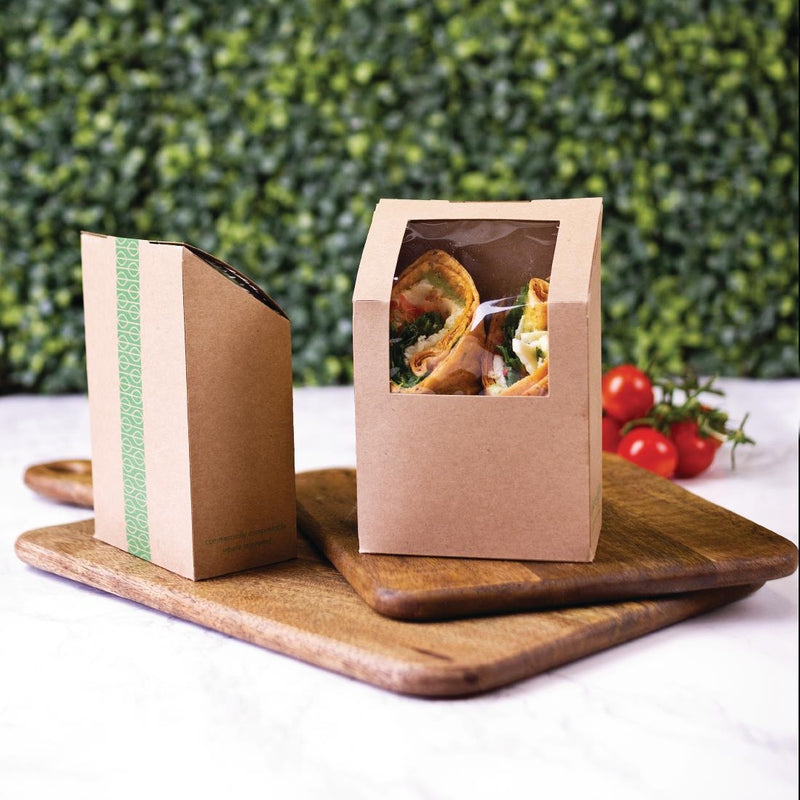 Vegware kompostierbare Kraft-Tortilla-Wrap-Boxen mit PLA-Fenster (500 Stück)