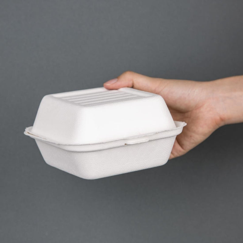 Fiesta kompostierbare Bagasse-Burgerboxen mit Bodenrippen 153 mm (500 Stück)