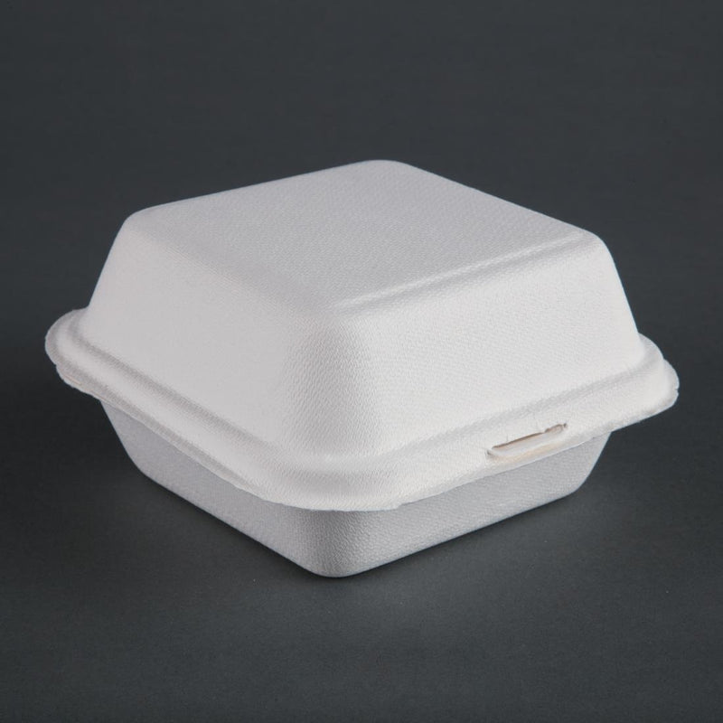 Fiesta kompostierbare Bagasse-Burgerboxen mit Bodenrippen 153 mm (500 Stück)