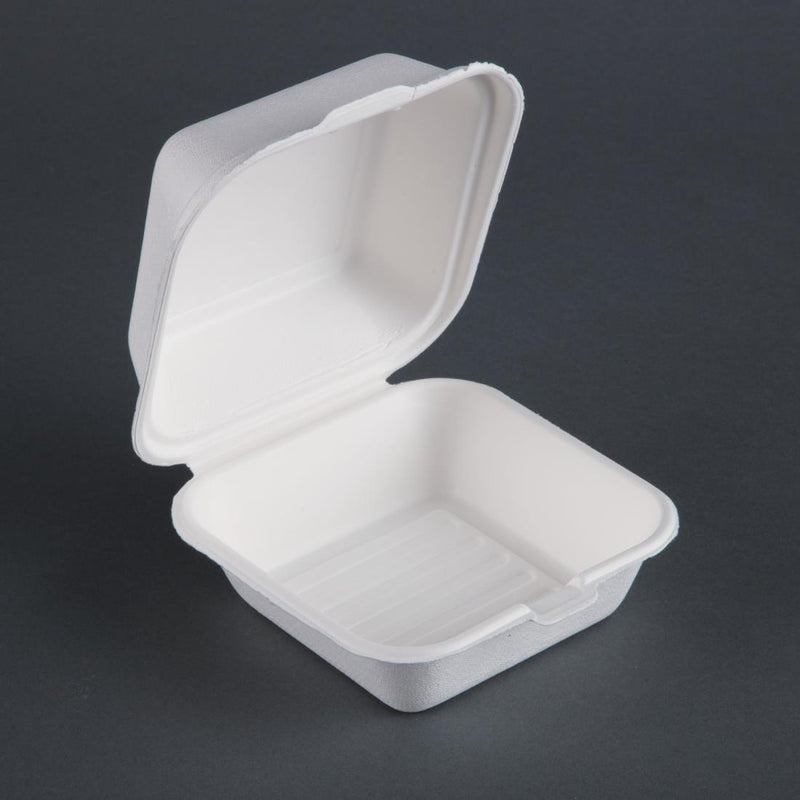 Fiesta kompostierbare Bagasse-Burgerboxen mit Bodenrippen 153 mm (500 Stück)