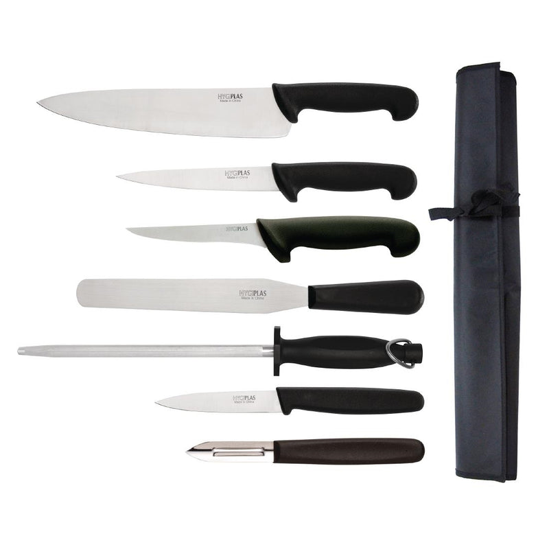 Hygiplas 7-teiliges Messer-Starter-Set mit 26,5 cm Kochmesser und Rolltasche
