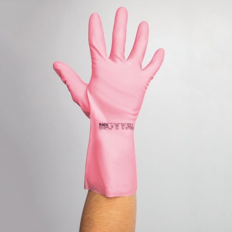 MAPA Vital 115 Liquid-Proof Light-Duty Janitorial Gloves Pink Large