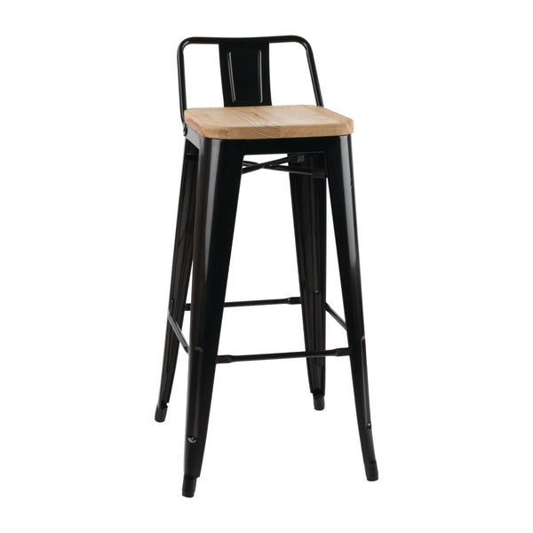 Bolero Bistro-Hocker mit Rückenlehne und Sitzpolster aus Holz, Schwarz, 4 Stück