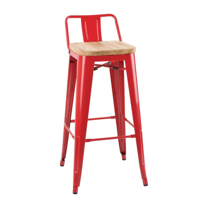 Bolero Bistro-Hocker mit Rückenlehne und Sitzpolster aus Holz, Rot, 4 Stück
