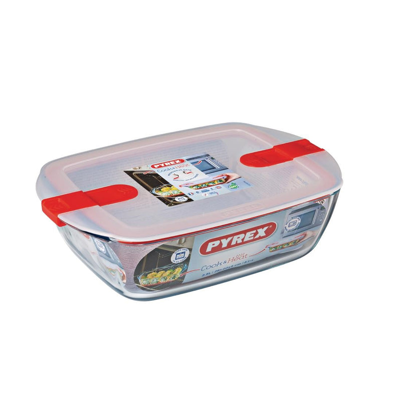 Pyrex rechteckige Auflaufform zum Kochen und Erhitzen mit Deckel, 2,6 l