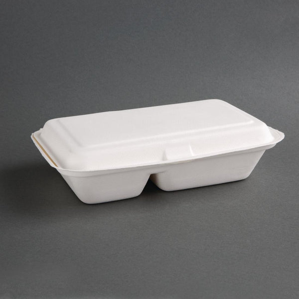 Fiesta kompostierbare Bagasse-Lebensmittelbehälter mit 2 Fächern, 253 mm, mit Scharnier (200 Stück)