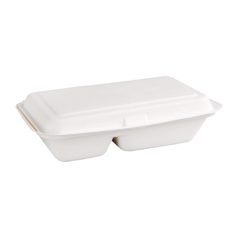 Fiesta kompostierbare Bagasse-Lebensmittelbehälter mit 2 Fächern, 253 mm, mit Scharnier (200 Stück)