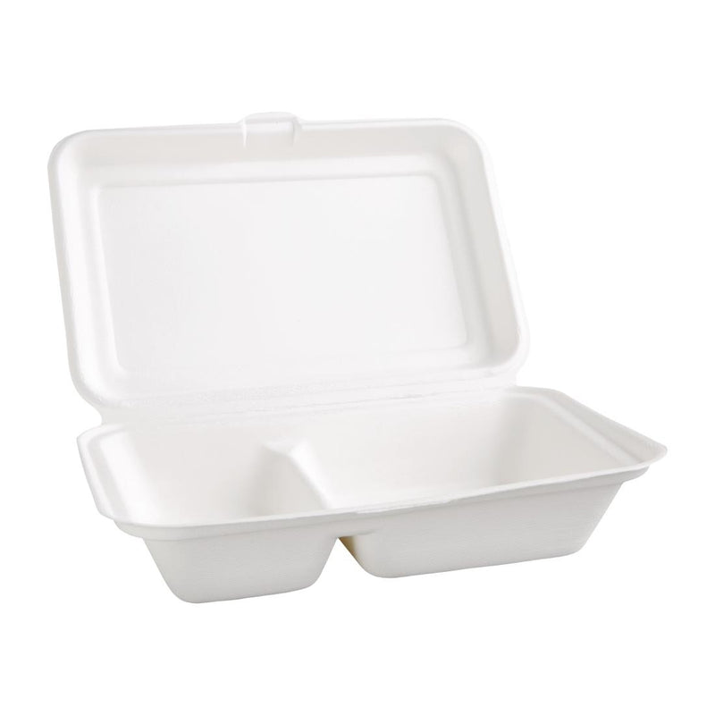 Fiesta kompostierbare Bagasse-Lebensmittelbehälter mit 2 Fächern, 253 mm, mit Scharnier (200 Stück)