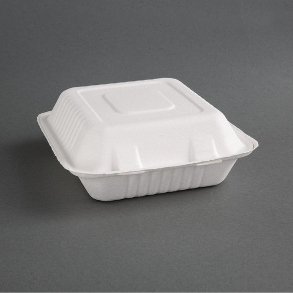 Fiesta kompostierbare Bagasse-Lebensmittelbehälter mit 3 Fächern, 201 mm, mit Scharnier (200 Stück)