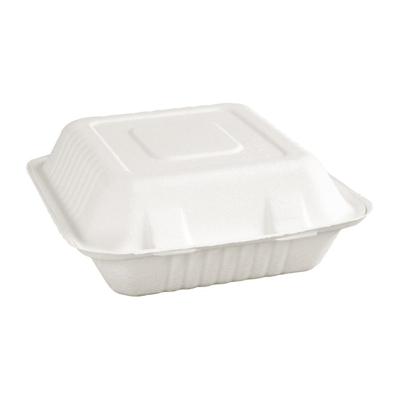 Fiesta Compostable Bagasse Hinged 3-Compartment Food Containers 201mm (Pack of 200)