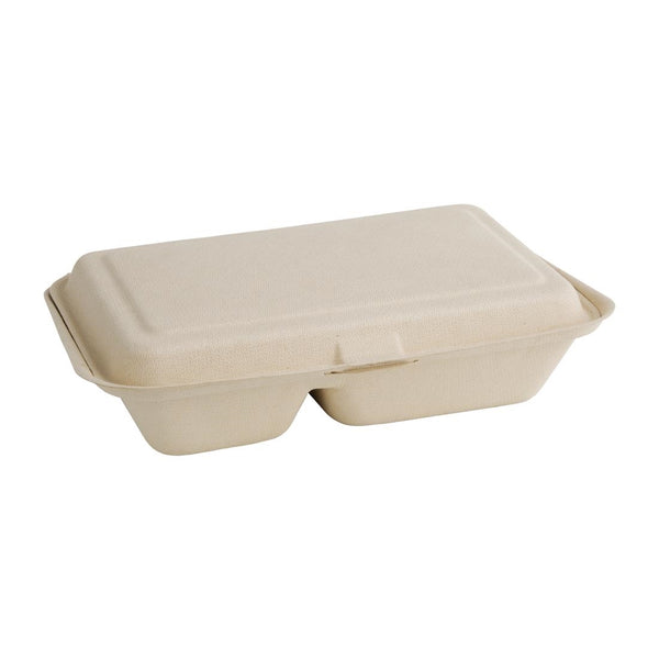 Fiesta kompostierbare Bagasse-Lebensmittelbehälter mit zwei Fächern und Scharnier, natürliche Farbe, 253 mm, 200 Stück