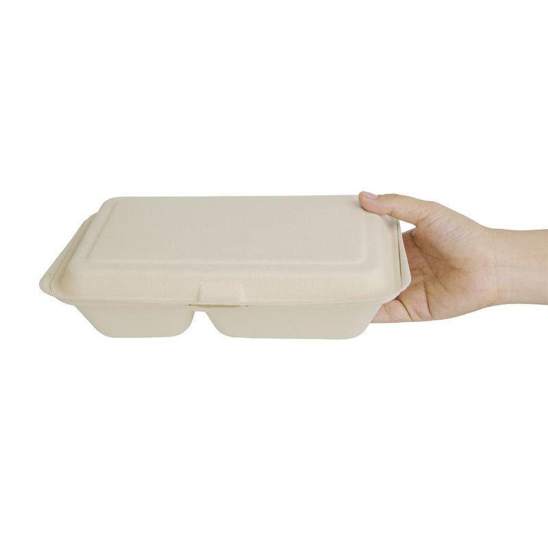 Fiesta Compostable Bagasse Two-Compartment Hinged Food Containers Natural Colour 253mm (Pack of 200)