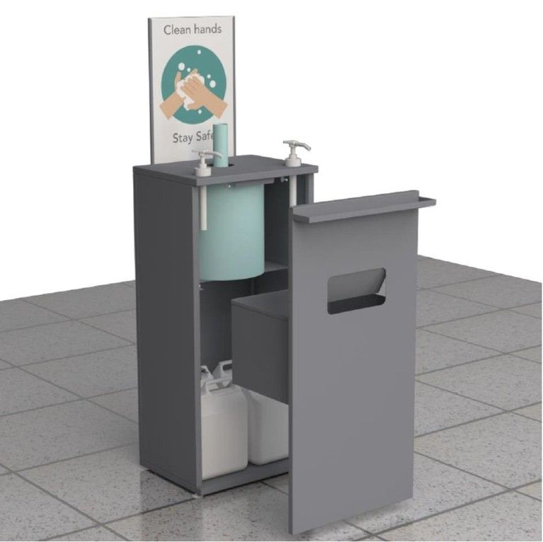 sanitiser station with twin pump paper towel dispenser