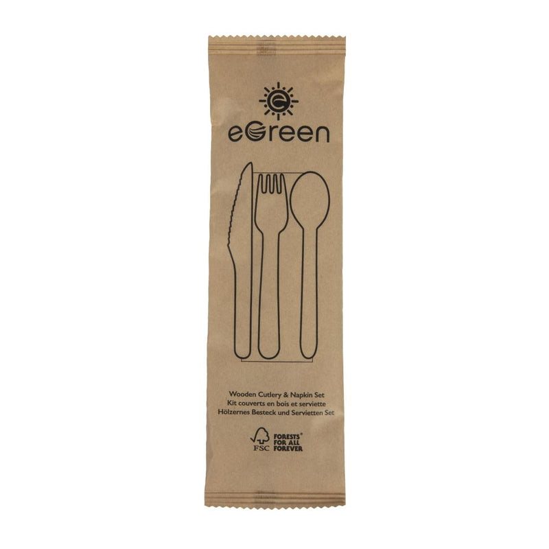eGreen Einzeln in Kraftpapier verpacktes 4-in-1-Besteckset aus Holz (250 Stück)