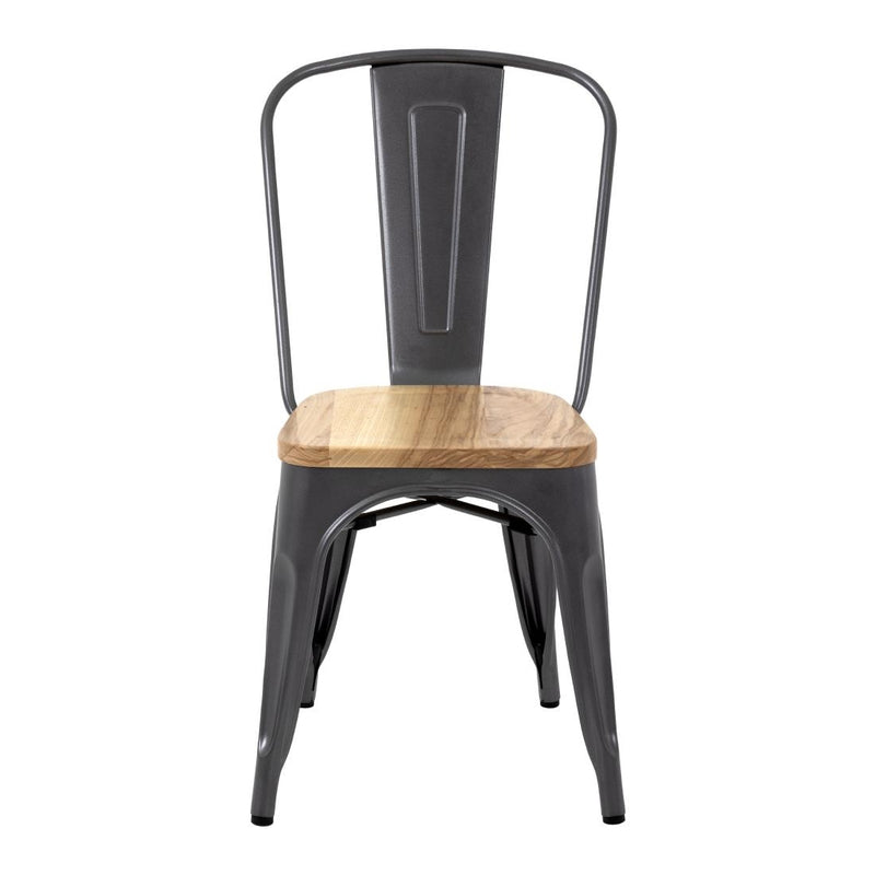 Bolero Bistro Side Chairs with Wooden Seat Pad Gun Metal (Pack of 4)