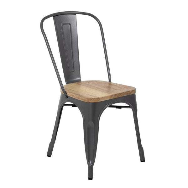 Bolero Bistro Side Chairs with Wooden Seat Pad Gun Metal (Pack of 4)