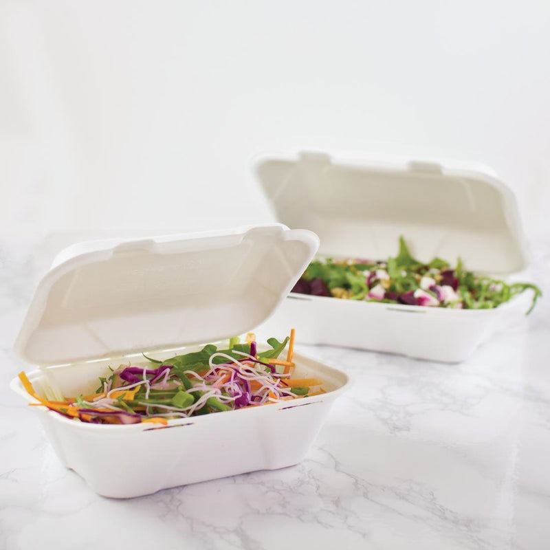 Vegware kompostierbare Bagasse-Mahlzeitenboxen mit Scharnier, 228 mm